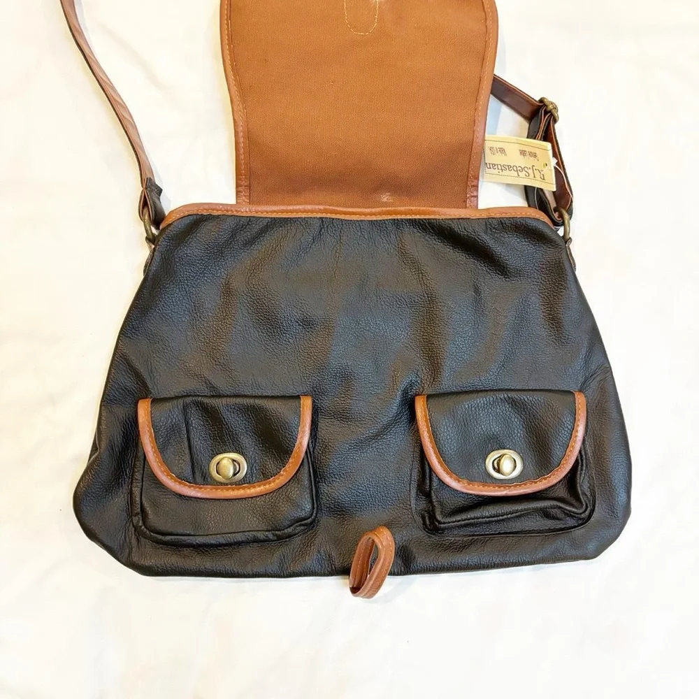 Black Leather and Brown Trim‎ Equestrian Crossbody Bag NWT Preppy 90s